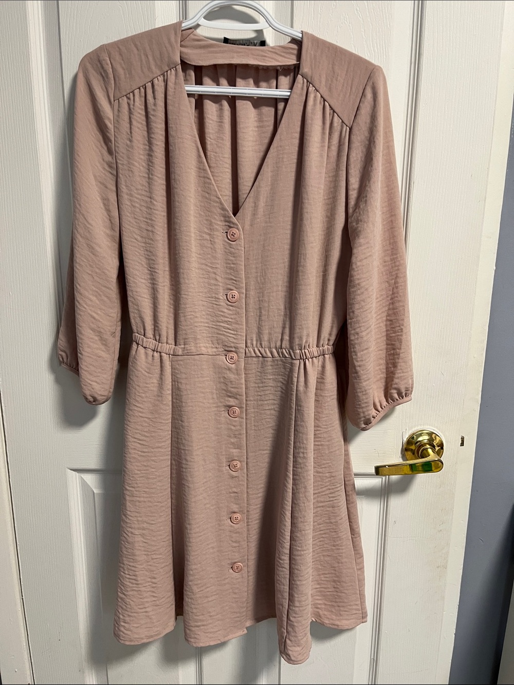 Blush Button-Front V-Neck Long Sleeve Dress